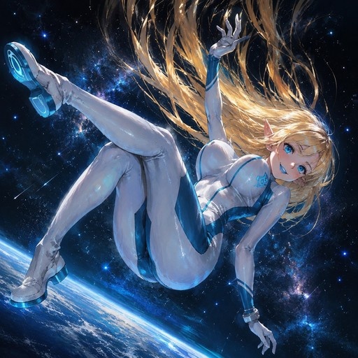 Blonde elf woman with pointed ears and a white bodysuit floats in space above a planet.
