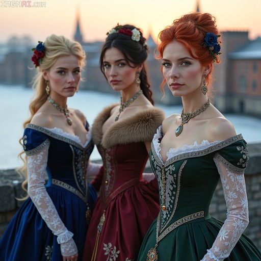 Three women in blue, red, and green medieval gowns with flowers in their hair standing outdoors at sunset.