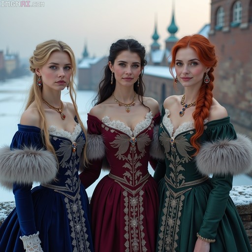 Three women in blue, maroon, and green velvet gowns with fur trim standing in snow.