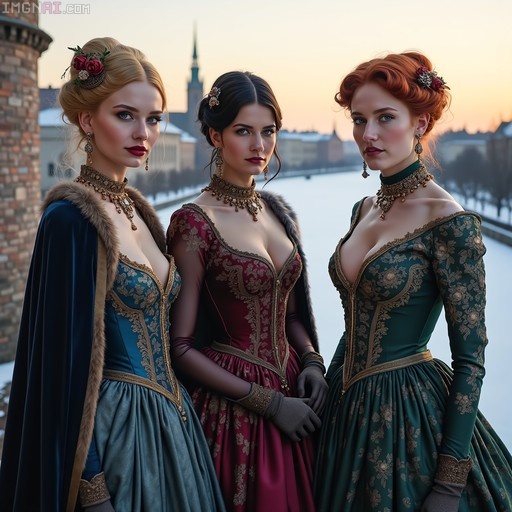 Three women in elaborate historical dresses standing outdoors in winter.