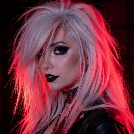 A blonde woman with black lipstick and eyeliner plays an acoustic guitar and sings into a microphone on a stage with red lights and a drummer in the background.