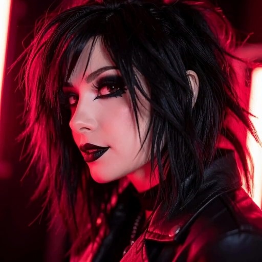 Close-up of a goth woman with black hair, heavy eye makeup, and a leather jacket under red lighting.