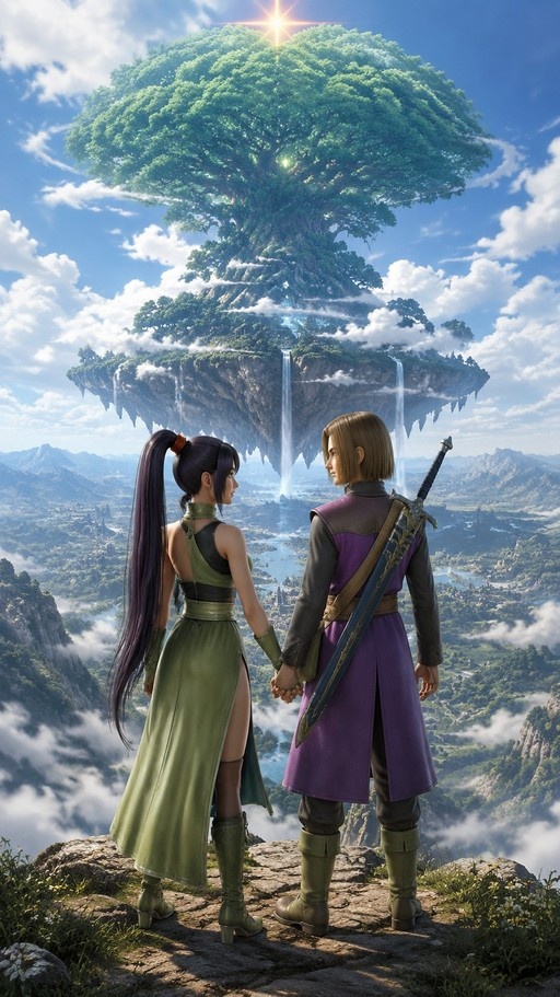 A man and woman holding hands on a cliff edge looking at a floating island with a giant tree and waterfalls.