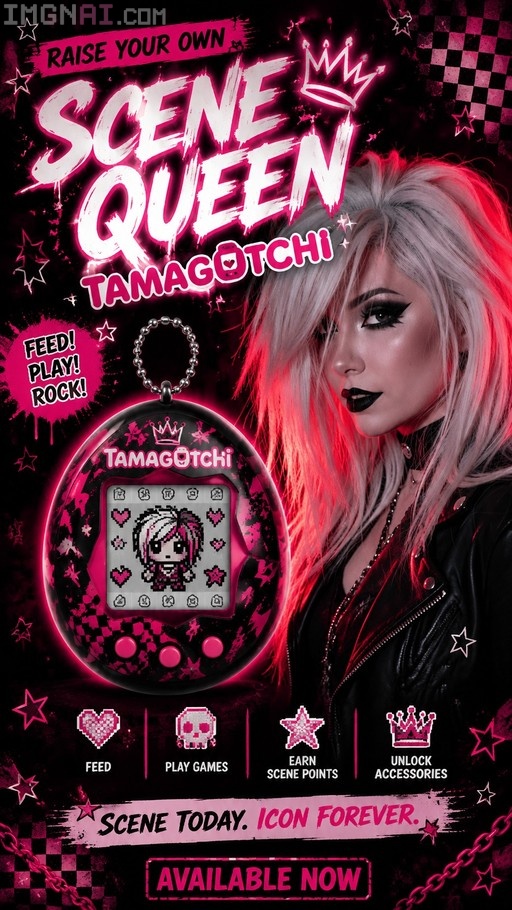 A digital poster for a Scene Queen Tamagotchi featuring an emo-styled girl with white hair and a leather jacket standing next to the virtual pet device displaying her pixelated avatar.