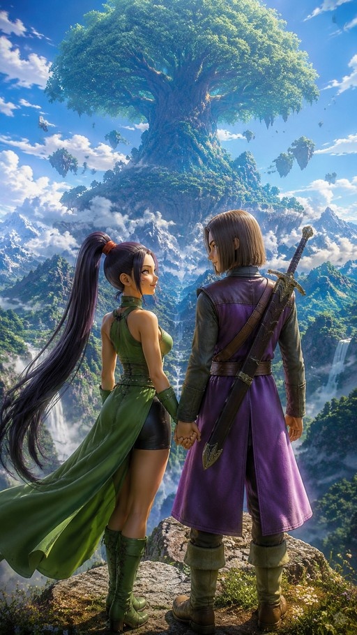 A digital illustration of an anime-style couple holding hands on a cliff edge, with the woman in green and the man in purple carrying a sword, overlooking a fantasy world with a giant tree and floating islands.