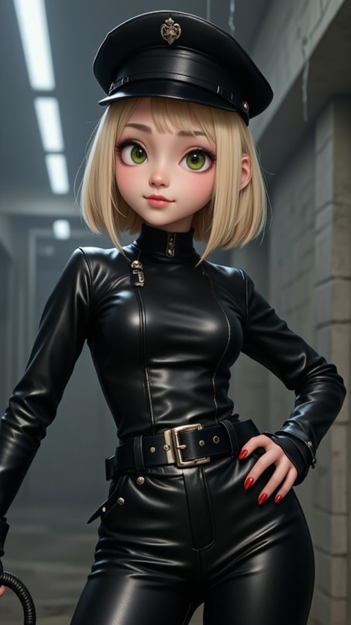 A 3D animated style image of a blonde woman with green eyes wearing a black police hat and tight black leather bodysuit while holding a riding crop.