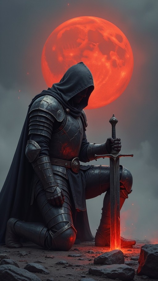 A hooded knight in dark plate armor kneels on rocky ground holding a sword upright under a large red moon