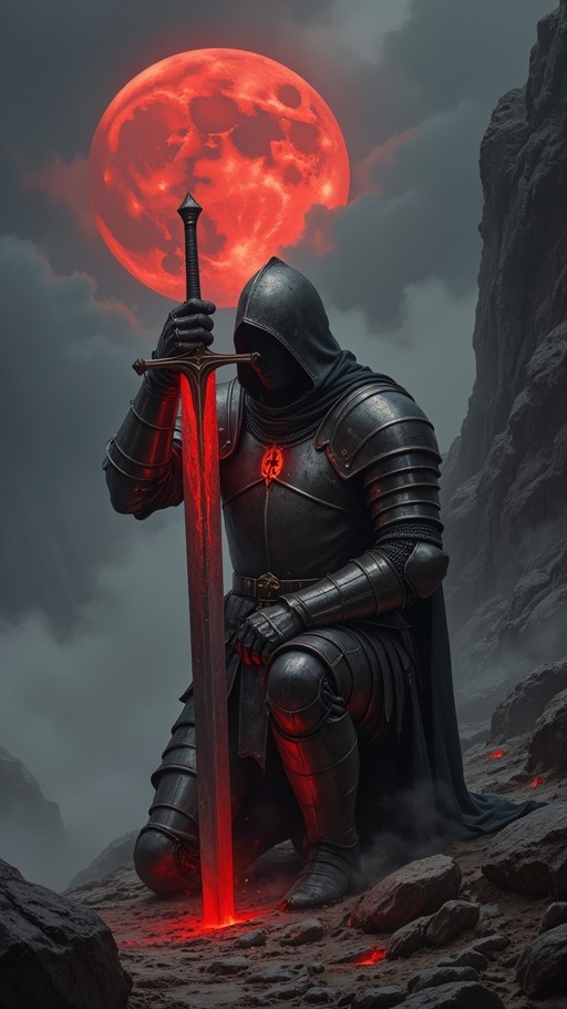 A hooded knight in black plate armor kneels holding a glowing red sword under a large crimson moon.