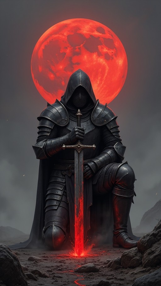 A hooded knight in black armor kneels on rocky terrain holding a sword with a glowing red blade beneath a large blood-red moon.
