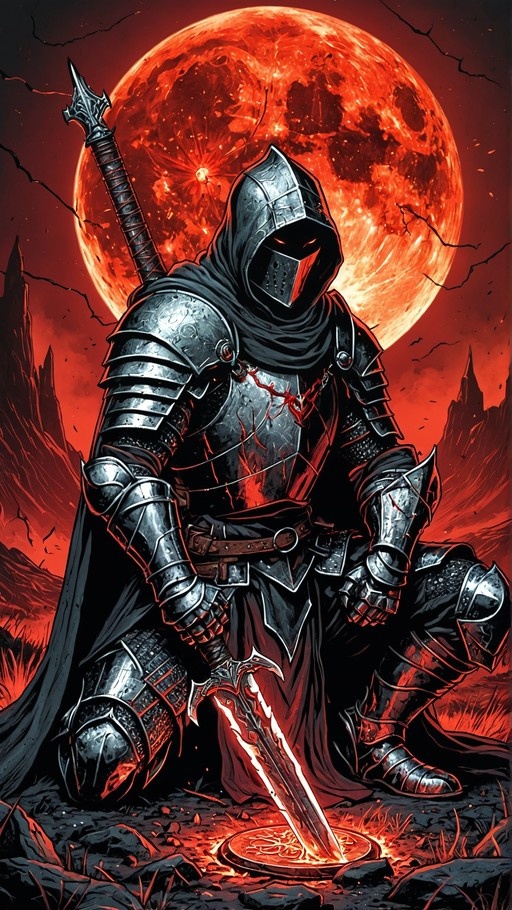 A hooded knight in full plate armor kneels on rocky ground, planting a sword into a glowing rune beneath a massive red moon.