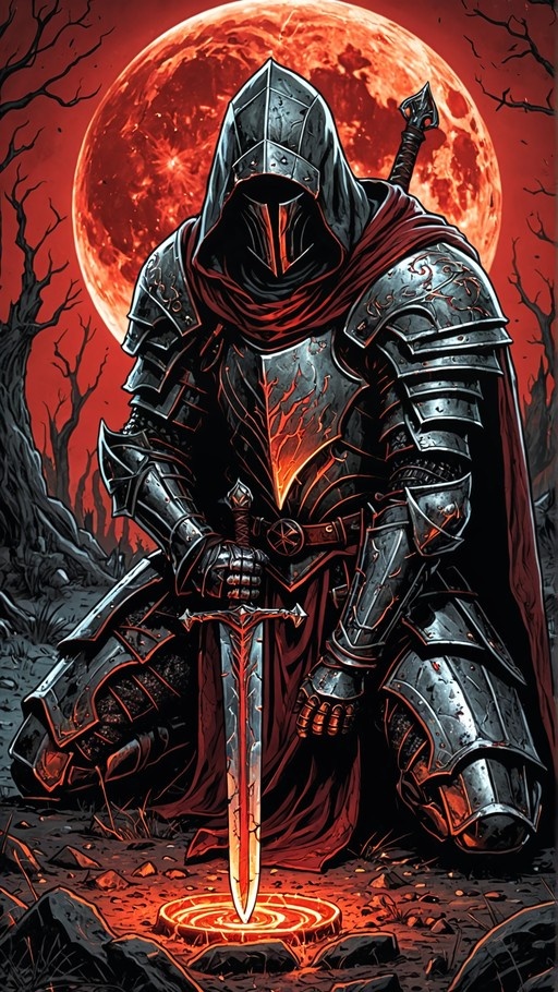 A hooded knight in dark plate armor kneels while holding a sword vertically against a glowing magical circle on the ground, set against a backdrop of a large red moon and bare trees.