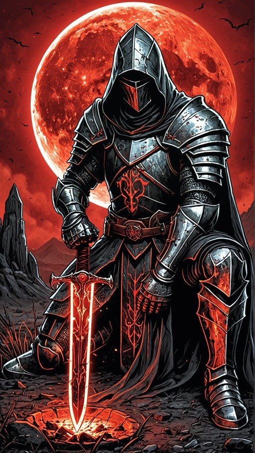 A hooded knight in full plate armor kneels on rocky ground holding a glowing orange sword upright under a large red moon with bats flying nearby.