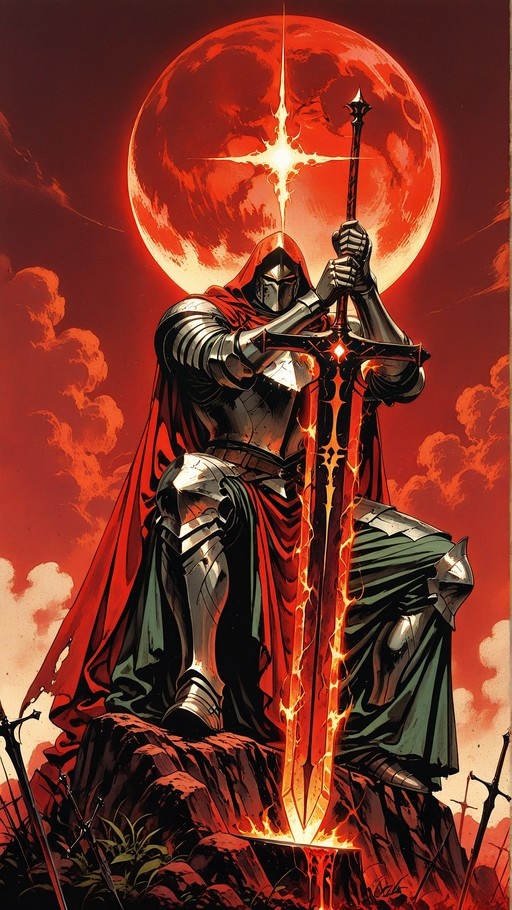 A knight in silver armor and a red cape kneels on one knee holding a glowing sword embedded in a rock stump against a large red moon background.
