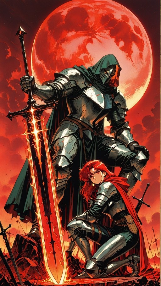 A hooded knight in full plate armor holds a glowing sword planted in the ground next to a kneeling red-haired female warrior beneath a large red moon.