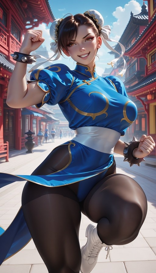 Chun-Li from Street Fighter poses confidently in her signature blue qipao, black pantyhose, and white boots against a backdrop of traditional Chinese architecture.
