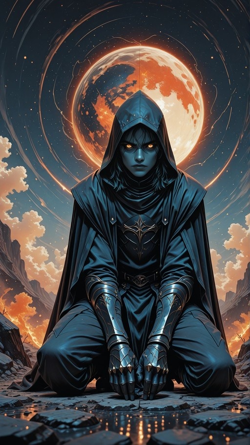 Hooded figure kneeling before a large glowing moon in a fantasy landscape