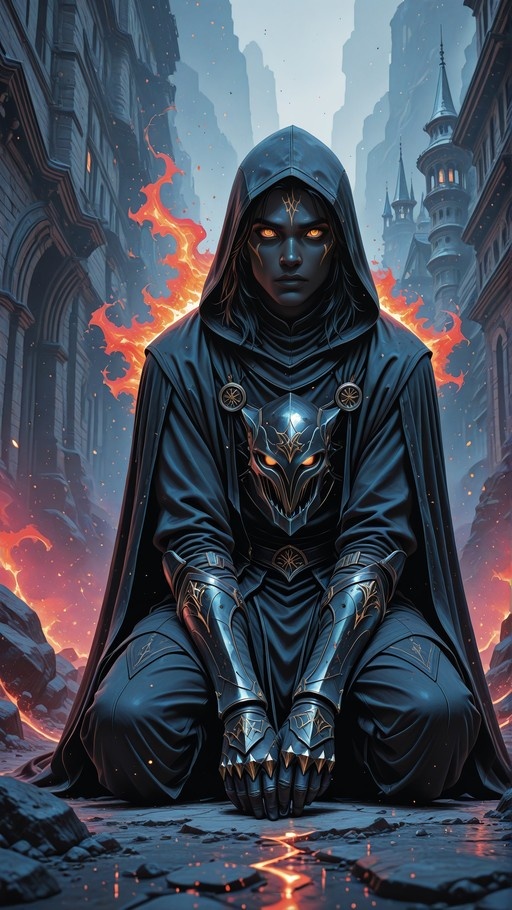 Dark-skinned fantasy warrior kneeling in black hooded cloak with glowing orange eyes amidst fire and ruined gothic architecture.