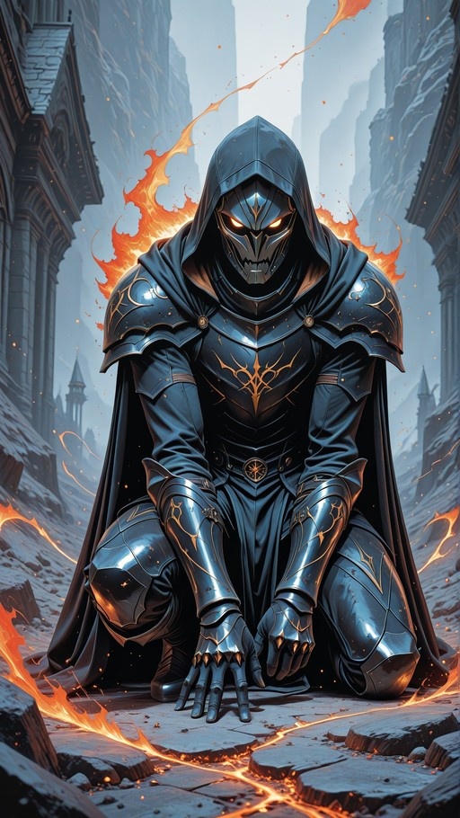 A hooded knight in ornate black armor with glowing orange eyes kneels on cracked stone amidst floating fire embers and snowy ruins.