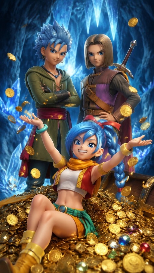 A 3D animated fantasy scene showing a girl with blue braided hair sitting on a pile of gold coins in a crystal cave, with two male adventurers standing behind her.