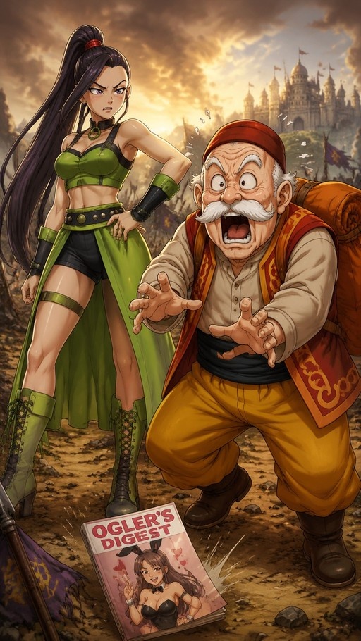An annoyed female warrior in green armor stands next to an excited elderly man reaching for a magazine on the ground titled Oglers Digest featuring a bunny girl cover.