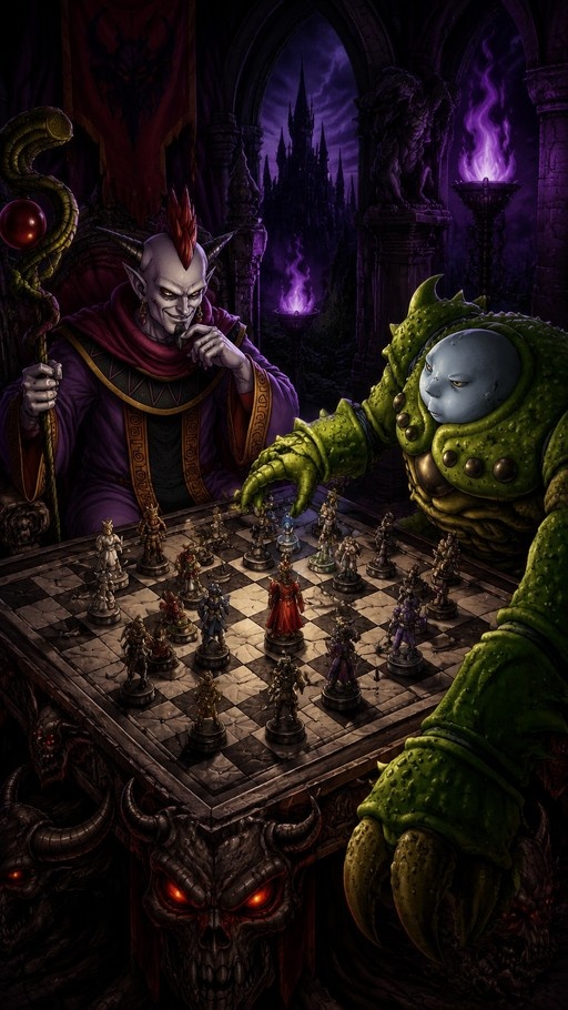 Two fantasy characters playing chess on an ornate table in a dark castle with purple lighting and stormy weather outside.