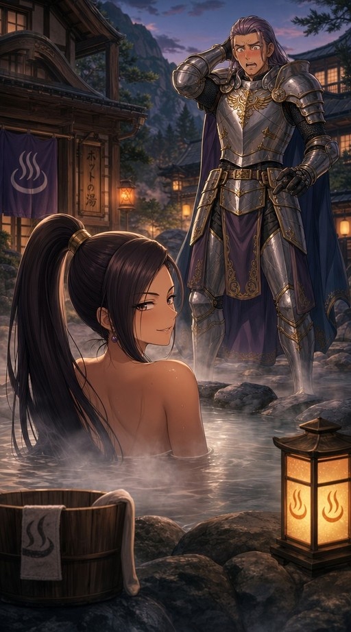 A woman with dark hair in a ponytail sits in a steaming outdoor hot spring looking back at a flustered knight in silver armor standing nearby.