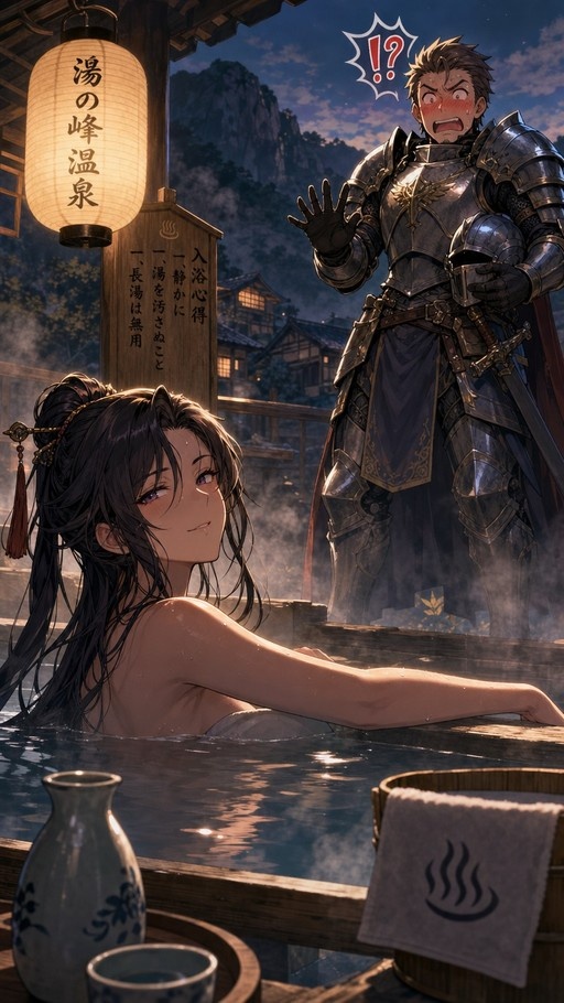 A woman with long dark hair relaxes in a steaming outdoor hot spring at night, looking back over her shoulder as a flustered knight in full plate armor stands nearby holding his helmet.