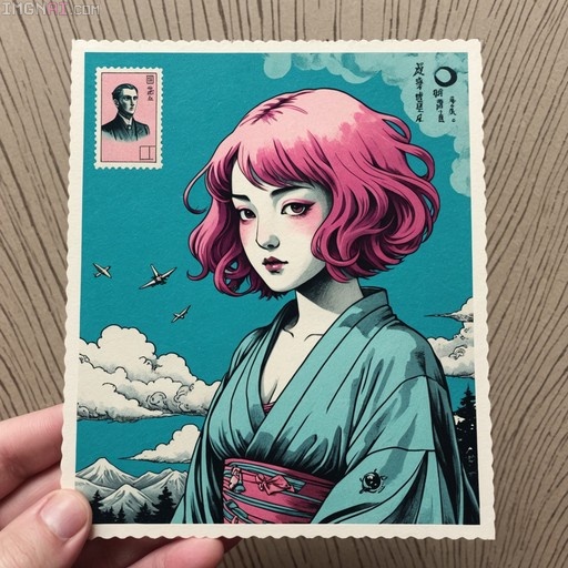 A hand holding a perforated card featuring an illustration of a pink-haired woman in a blue kimono against a mountain landscape with flying planes, styled like a vintage Japanese stamp.