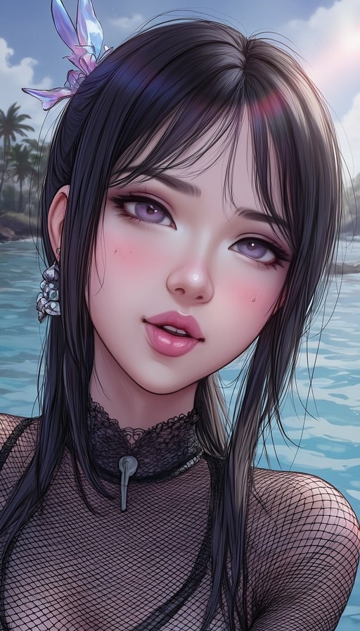 A digital illustration of an anime-style woman with long black hair and purple eyes, wearing a fishnet top and butterfly hair clip, against a beach background.