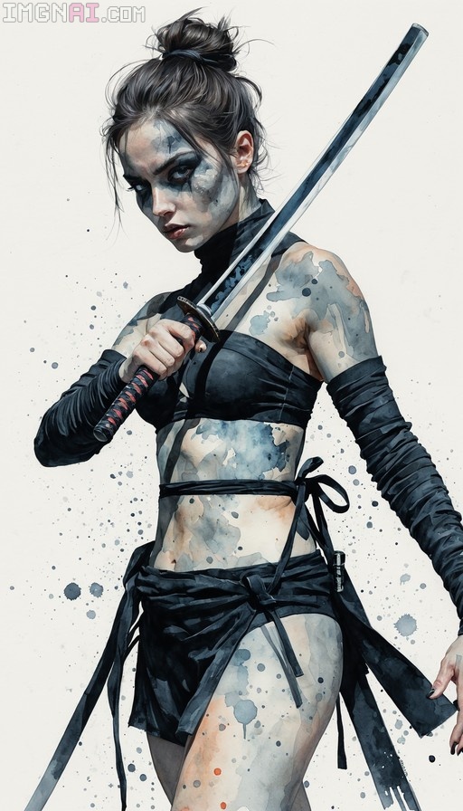 A watercolor-style digital painting of a female ninja with face paint holding a katana over her shoulder.