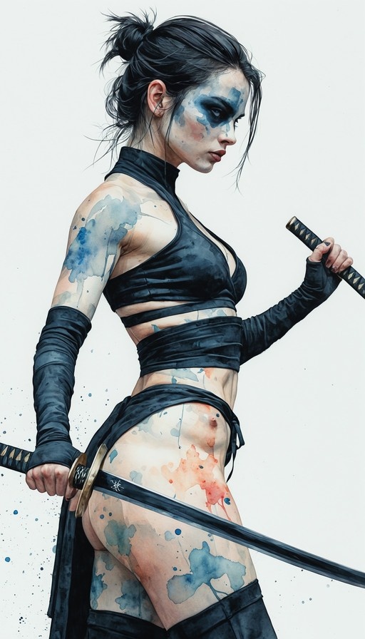 A side profile of a female ninja with blue face paint and watercolor splatters on her skin, holding two katanas against a white background.