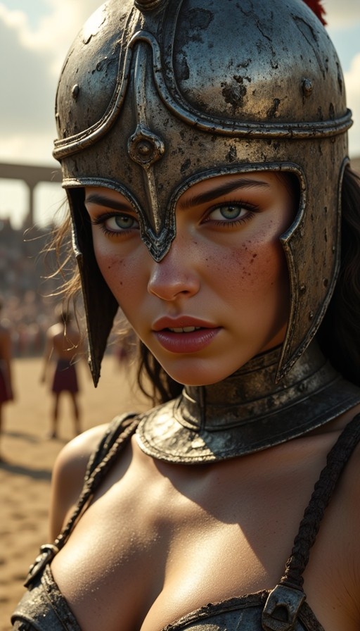 A close-up portrait of a freckled woman in a weathered metal helmet and armor, looking at the viewer in an outdoor arena setting.