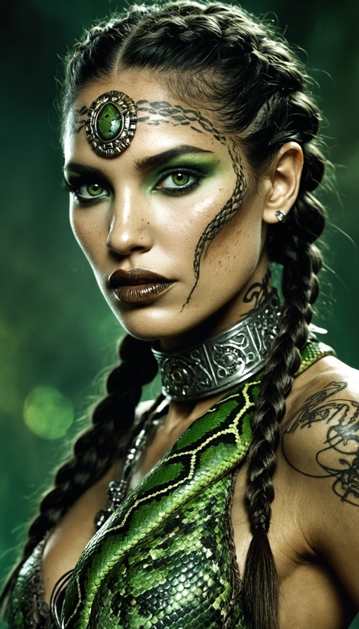A realistic portrait of a dark-skinned woman with green eyes and twin braids, wearing an ornate forehead jewel and draped in green snake skin.