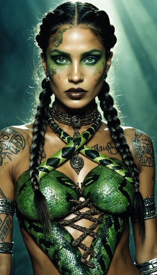 A dark-skinned woman with twin braids and green eyes wears a green snake-skin bodice with a large snake draped around her neck.