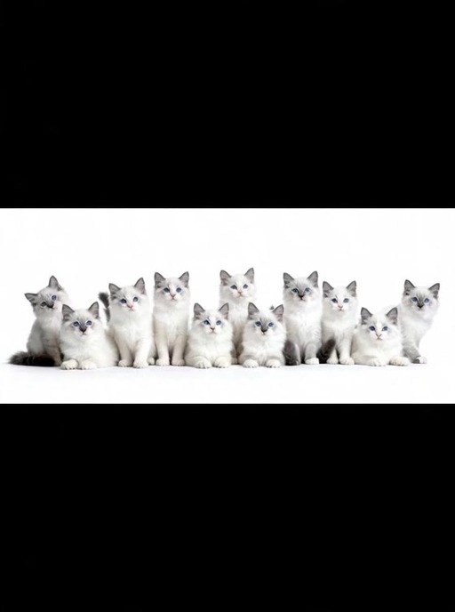 A line of fluffy white and grey Ragdoll kittens with blue eyes sitting on a white floor, then jumping and meowing excitedly.
