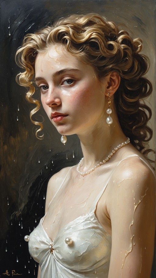 A realistic digital painting of a young woman with curly blonde hair wearing a wet white dress and pearl jewelry while standing in the rain against a dark background.