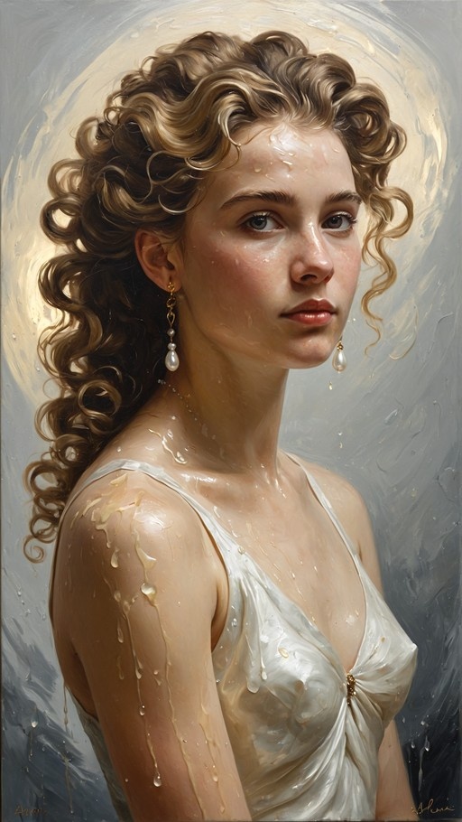 A vertical digital painting of a young woman with curly light brown hair and blue eyes wearing a wet white dress and pearl drop earrings, covered in dripping golden honey or oil against a grey background.
