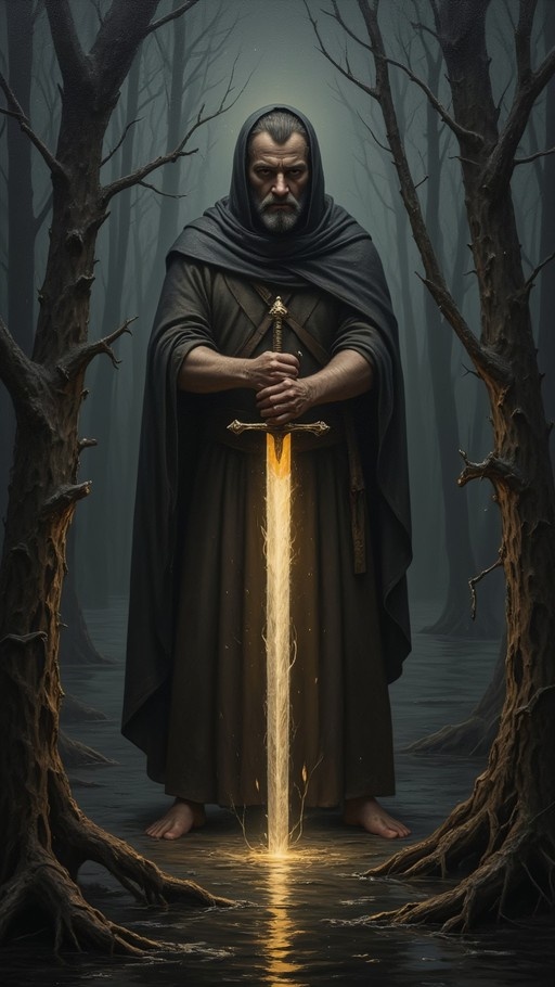 A hooded man with a grey beard stands barefoot in dark water holding a vertically glowing sword.