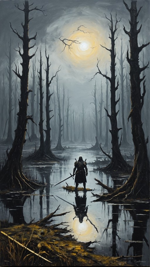 A hooded Tarnished knight stands in a shallow swamp holding a sword, with the bright moon and armor reflecting clearly on the water surface below.