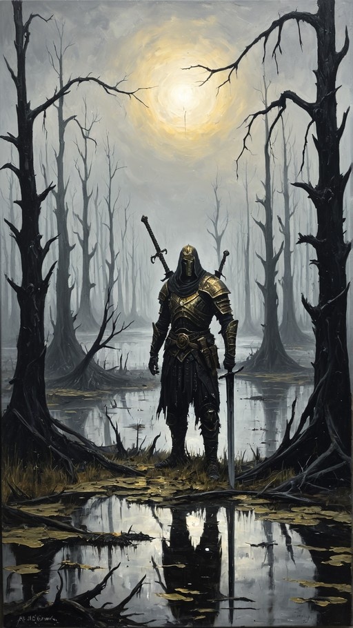 A hooded knight in dark armor stands in a swamp holding a sword, with a large moon glowing behind bare trees.