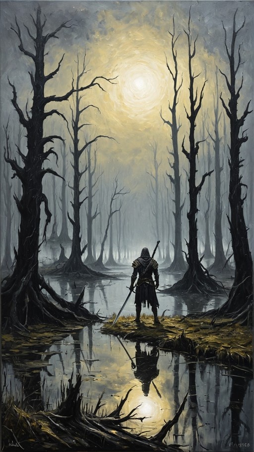 A lone armored figure stands in a misty swamp holding a sword, with reflections of bare trees and a bright sky visible in the water.