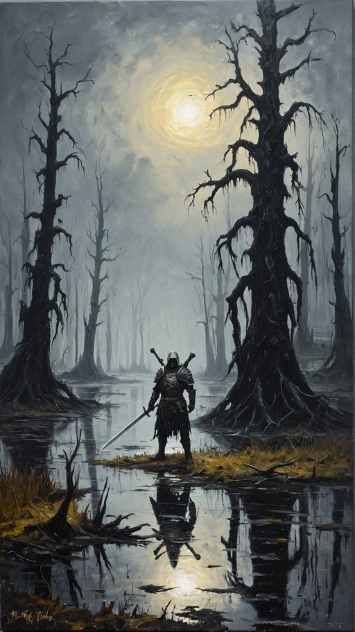 A hooded knight in dark armor stands in a misty swamp holding a sword, with their reflection visible in the water under a large moon.