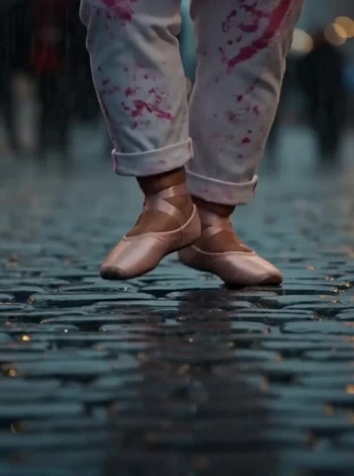 A man in a pink tutu and white pants performs ballet moves on a rainy city street while female dancers perform behind him.