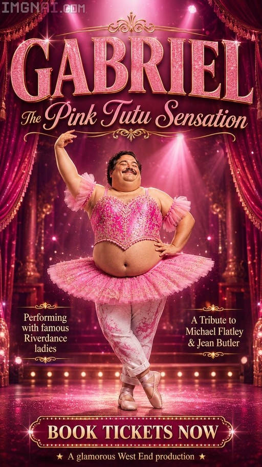 A promotional poster featuring a large man with a mustache wearing a pink tutu and ballet slippers, posing on a stage with pink curtains under spotlights.