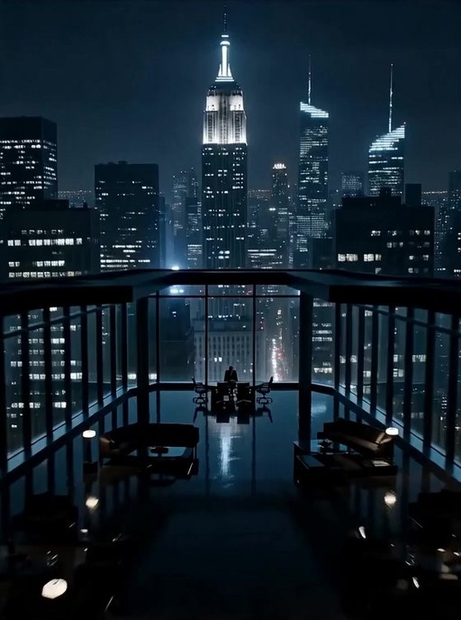 A cinematic shot of an intimidating woman in a power suit sitting at a desk in a glass-walled executive suite overlooking the Manhattan skyline at night, questioning a nervous, sweating man in a business suit.