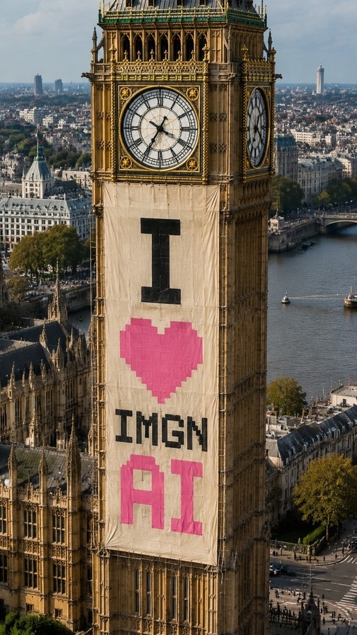 A view of the Elizabeth Tower in London with a large banner displaying a pixelated pink heart and text hanging from its side.