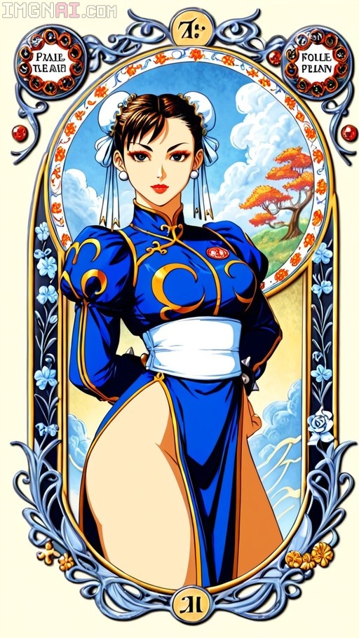 A digital illustration of Chun-Li depicted as an Art Nouveau tarot card, wearing a blue dress with gold trim and standing within an ornate floral frame against a sky background.