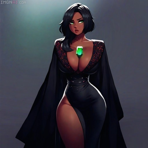 Digital art of a dark-skinned woman with black hair and glowing green eyes wearing a black sequined gown and a large emerald pendant.
