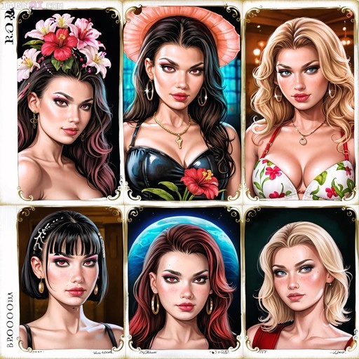 A grid of six stylized female portraits featuring diverse hairstyles and floral accessories in a rococo pin-up art style.