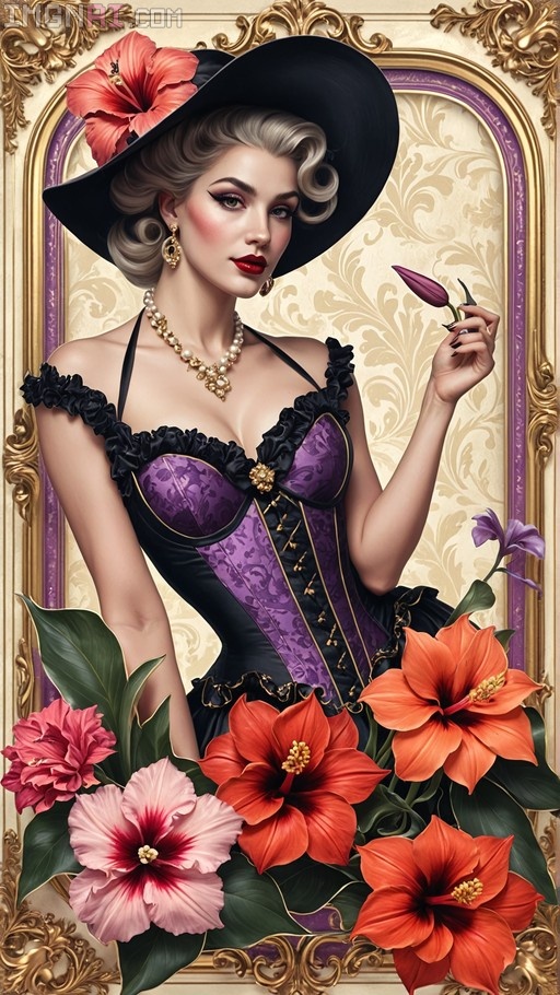 A blonde woman in a vintage gangster style wearing a large black hat with a pink flower and a purple corset, holding a small flower bud inside an ornate gold frame surrounded by hibiscus.